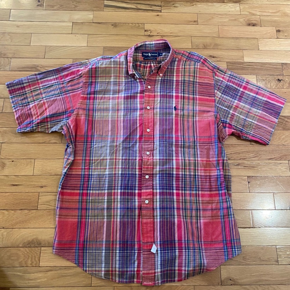 Ralph Lauren Mens XL Madras Plaid Shirt Short Sleeve Hand Woven Cotton Red Blue